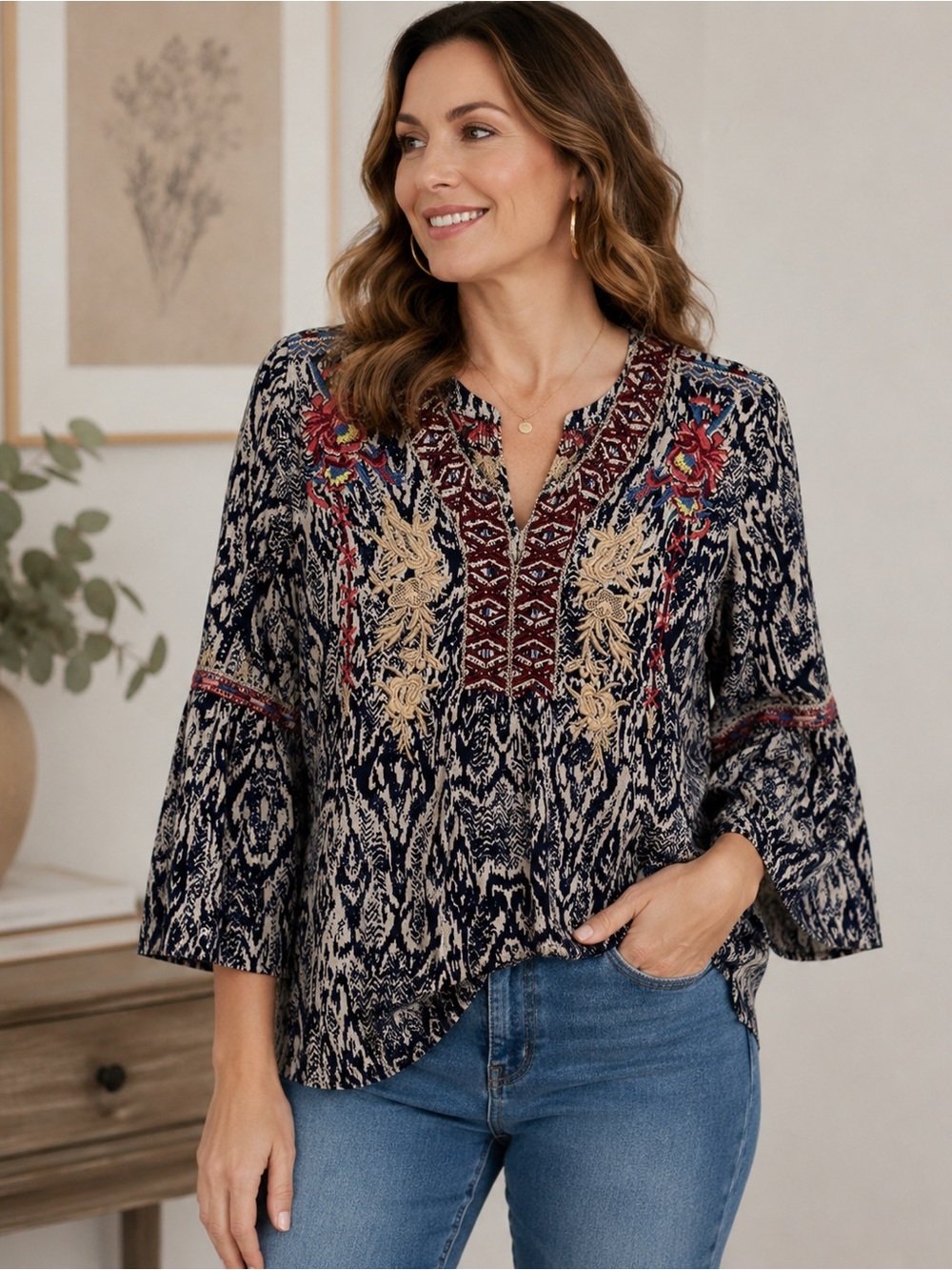 Sigrid Olsen Boho Embroidered Floral 3/4 Bell Sleeve Top Blouse Size S